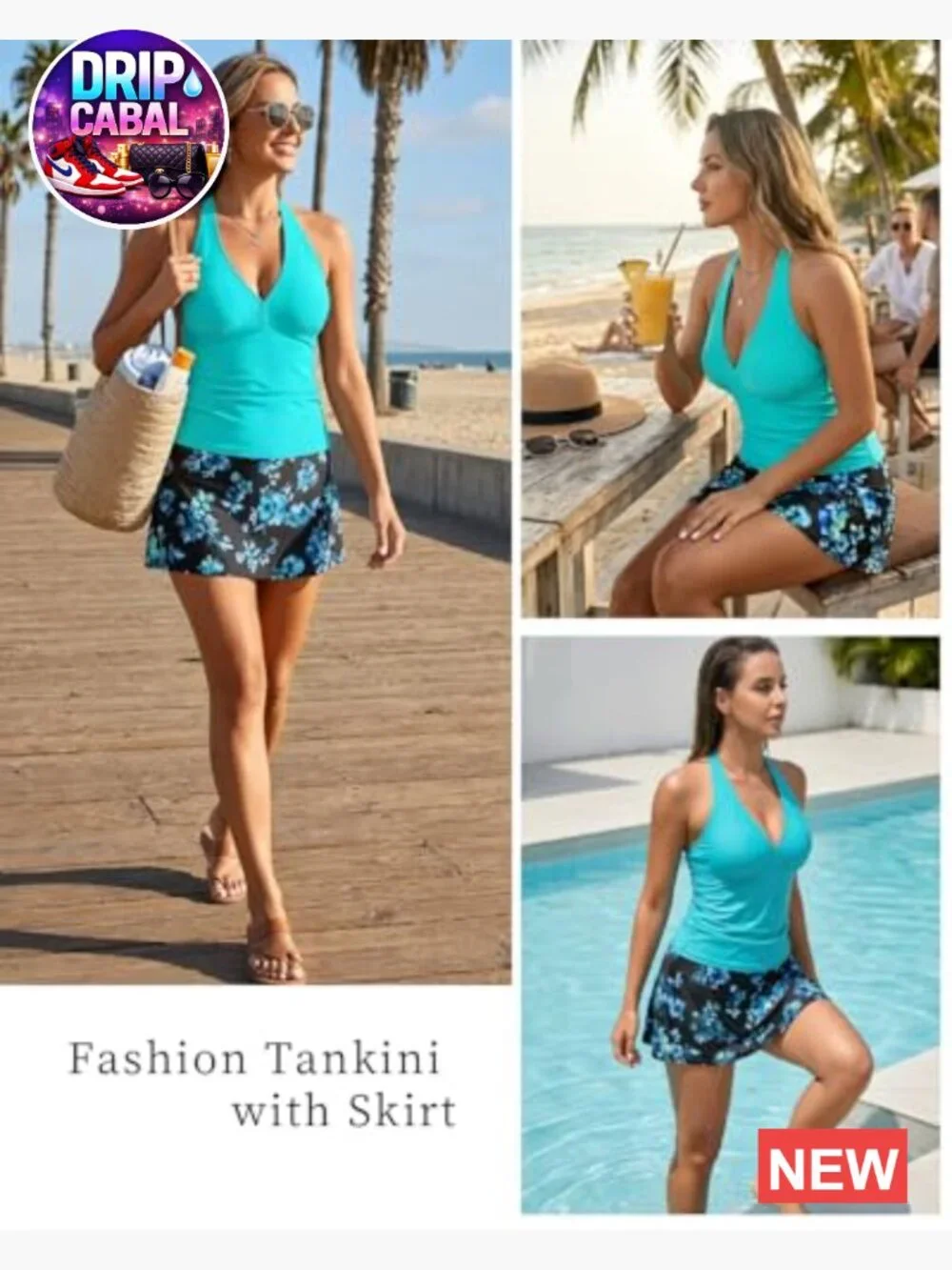2 Piece Tankini with Skirt Tummy Control Swimwear Halter V Neck